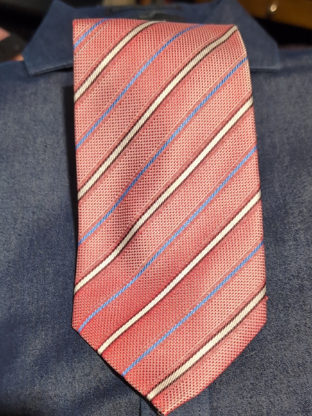 Men's Pink Striped Formal Tie with Blue and Cream Accents
